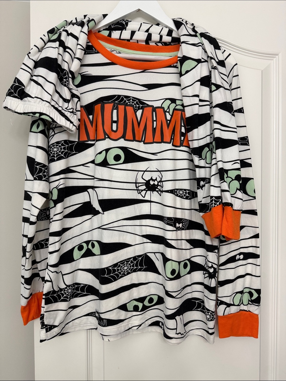 Glow in dark Halloween Mummy Print Pajama Top in White & Orange